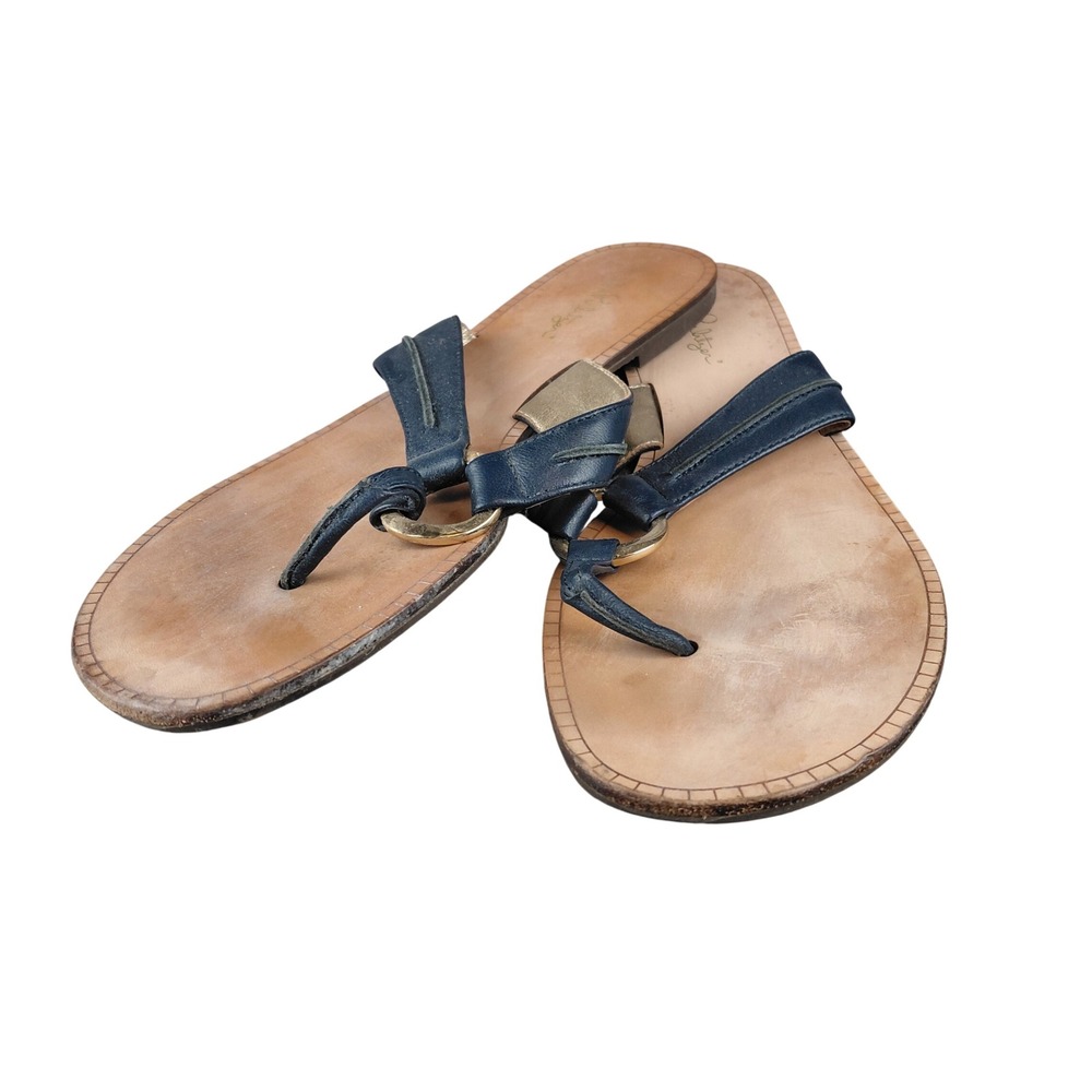 Lilly Pulitzer Womens Navy Blue Gold Leather Ring Thong Flat Sandals Size 10M
